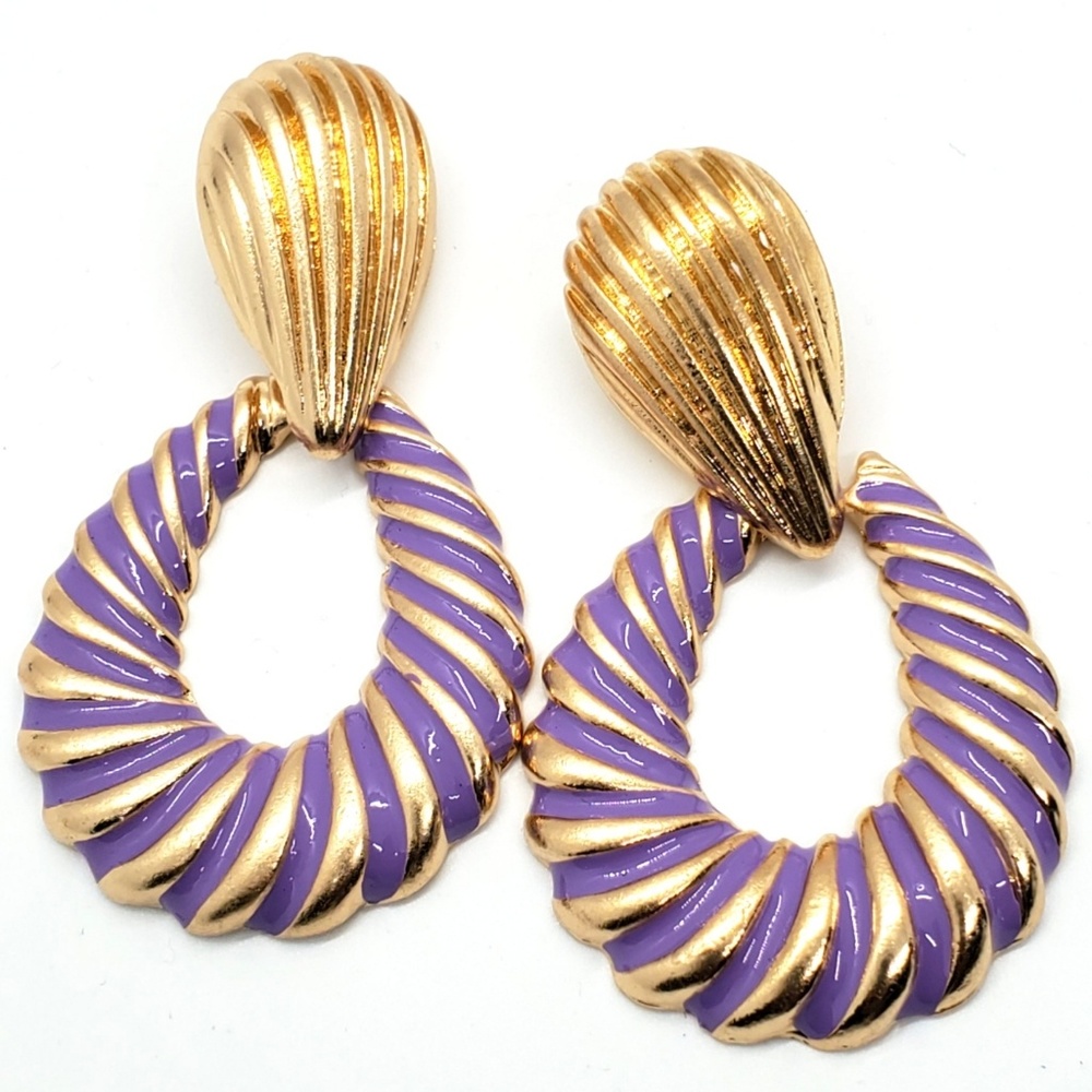 Purple Gold Teardrop Doorknocker Dangle Earrings